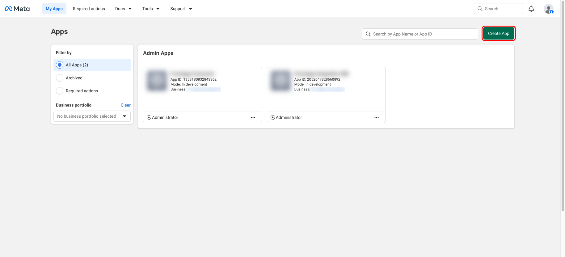 Meta for Developers Apps page with Create App highlighted