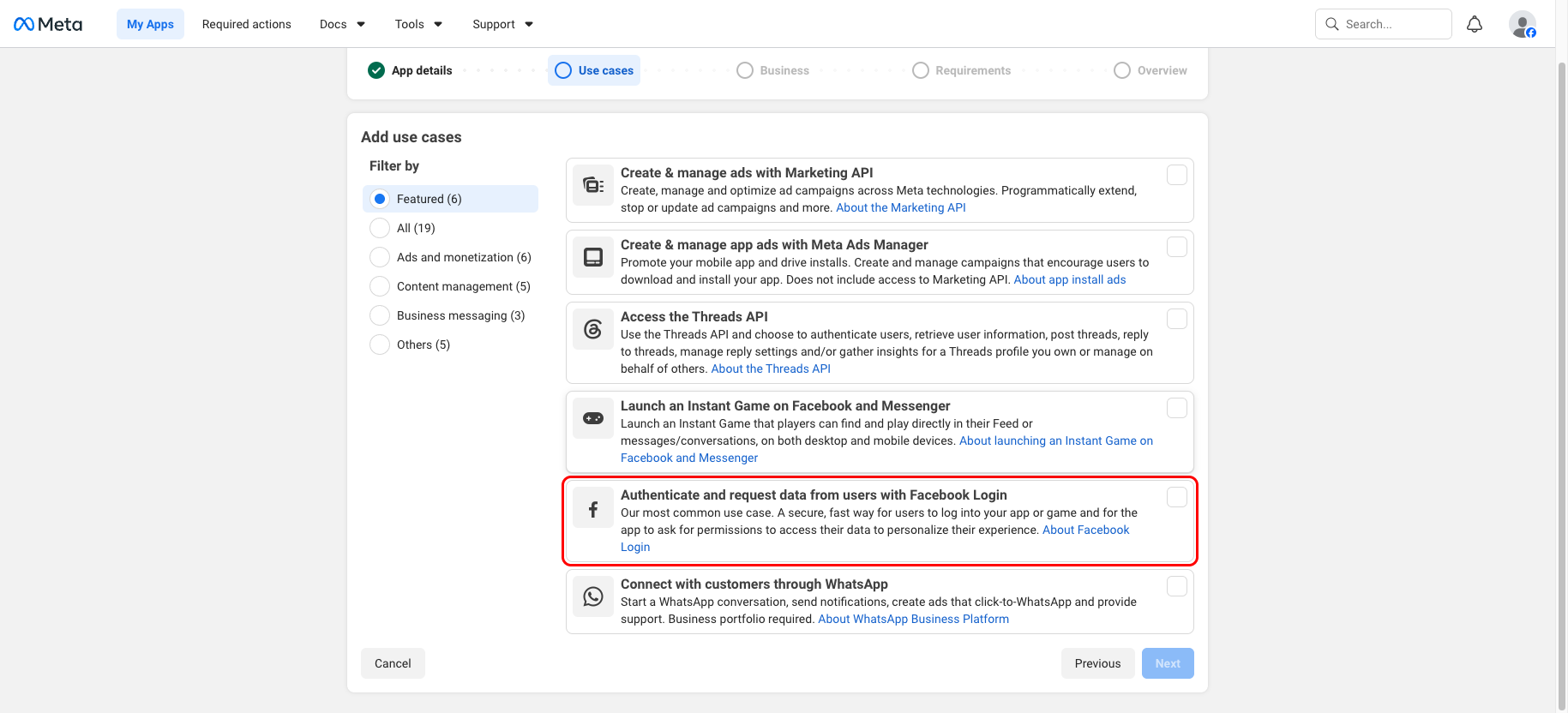 Use cases step with Authenticate and request data from users with Facebook Login highlighted