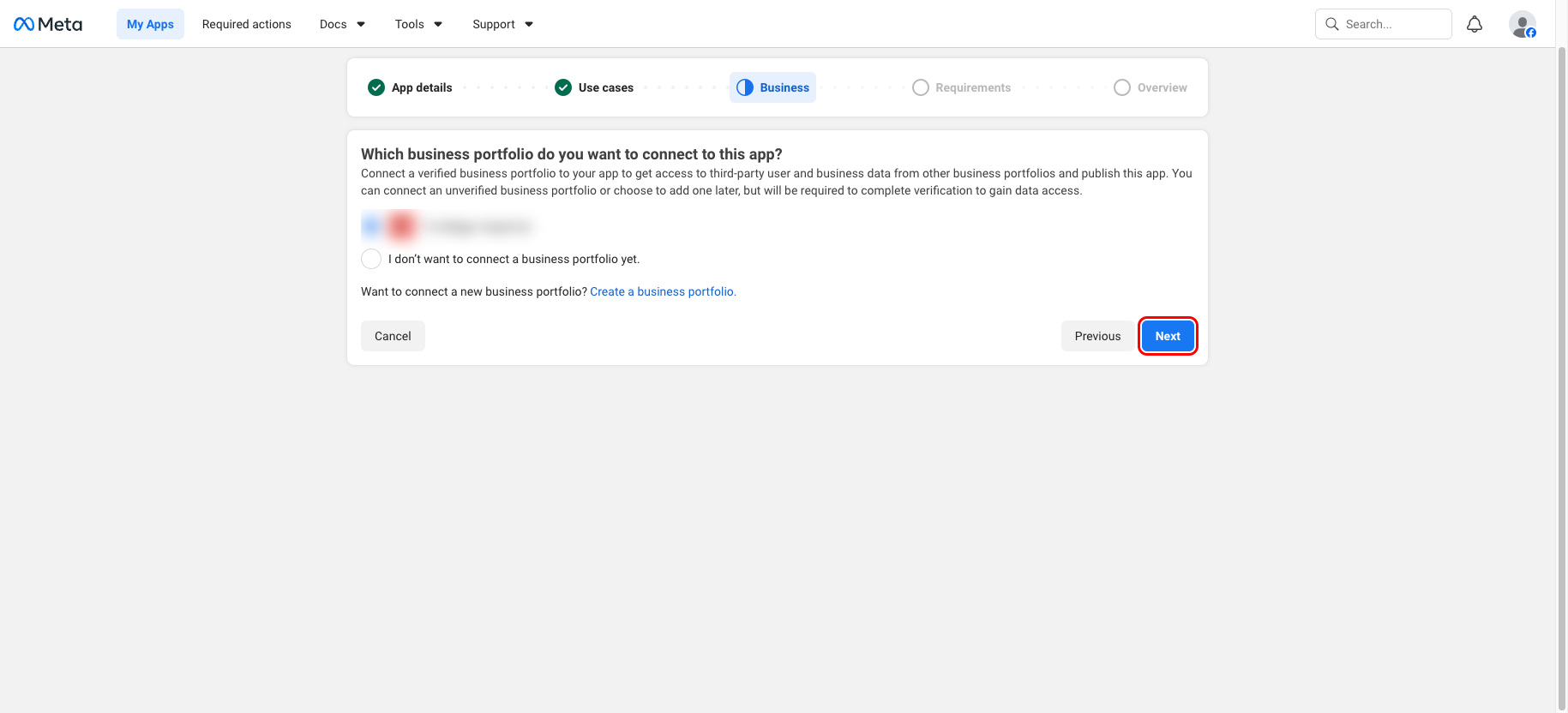 Business portfolio selection step with Next highlighted
