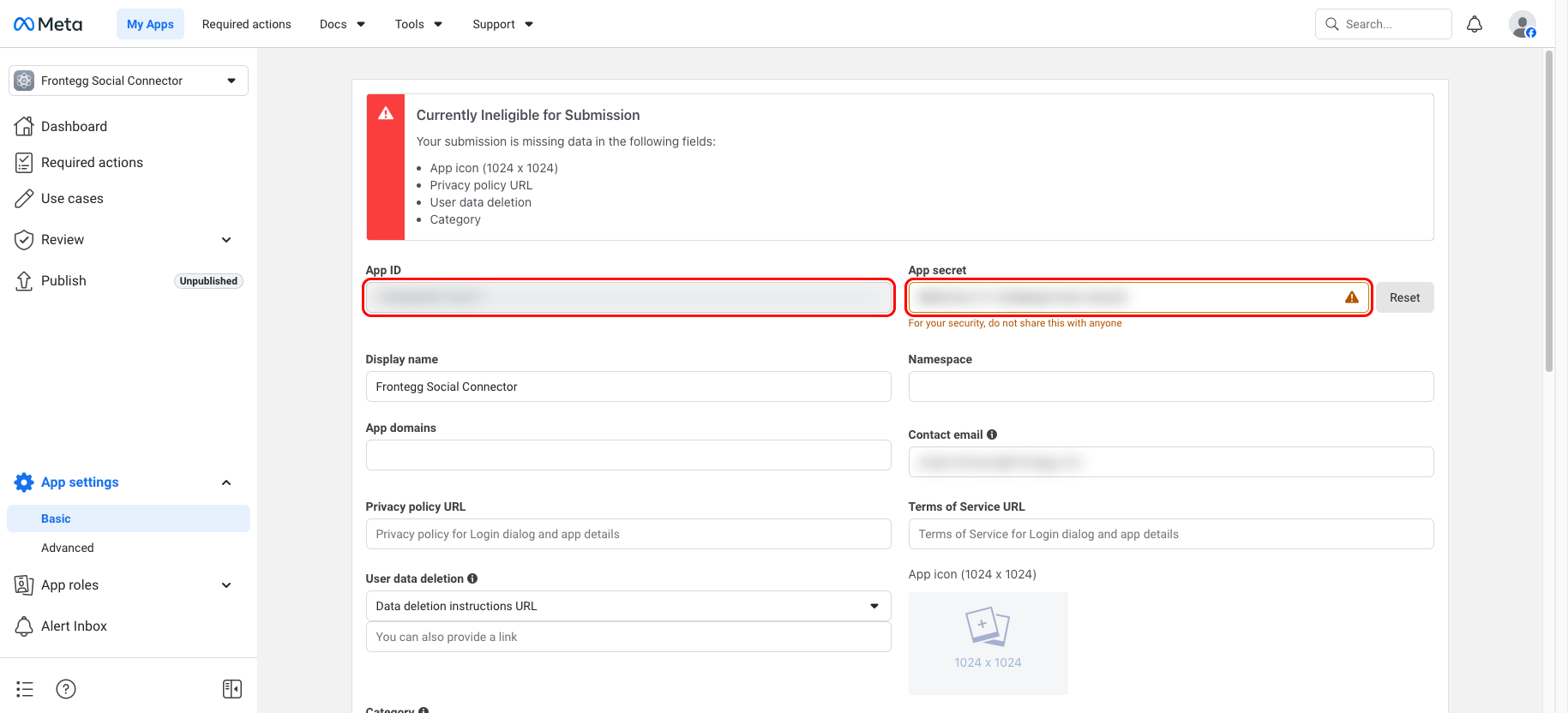 App settings Basic page with App ID and App secret highlighted