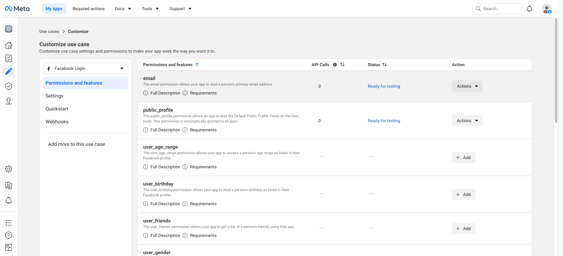 Permissions and features tab with email and public_profile highlighted