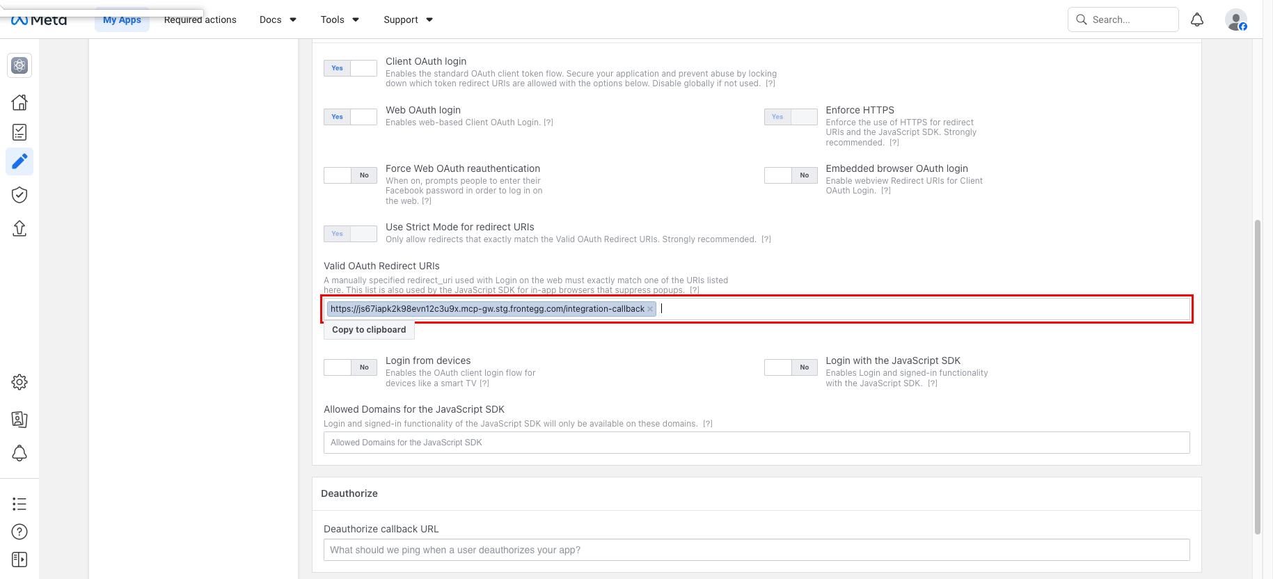 Facebook Login Settings page with Valid OAuth Redirect URIs and Save changes highlighted