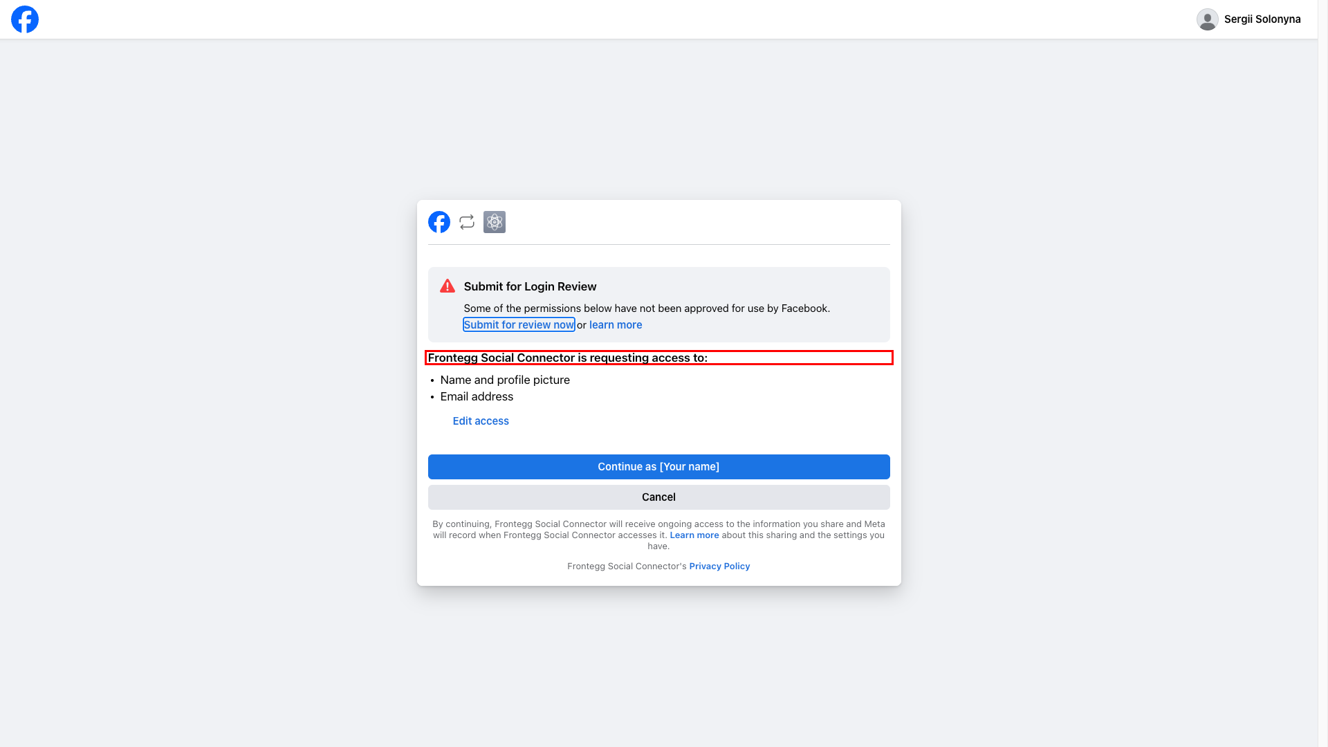 Facebook OAuth consent screen showing the requested permissions