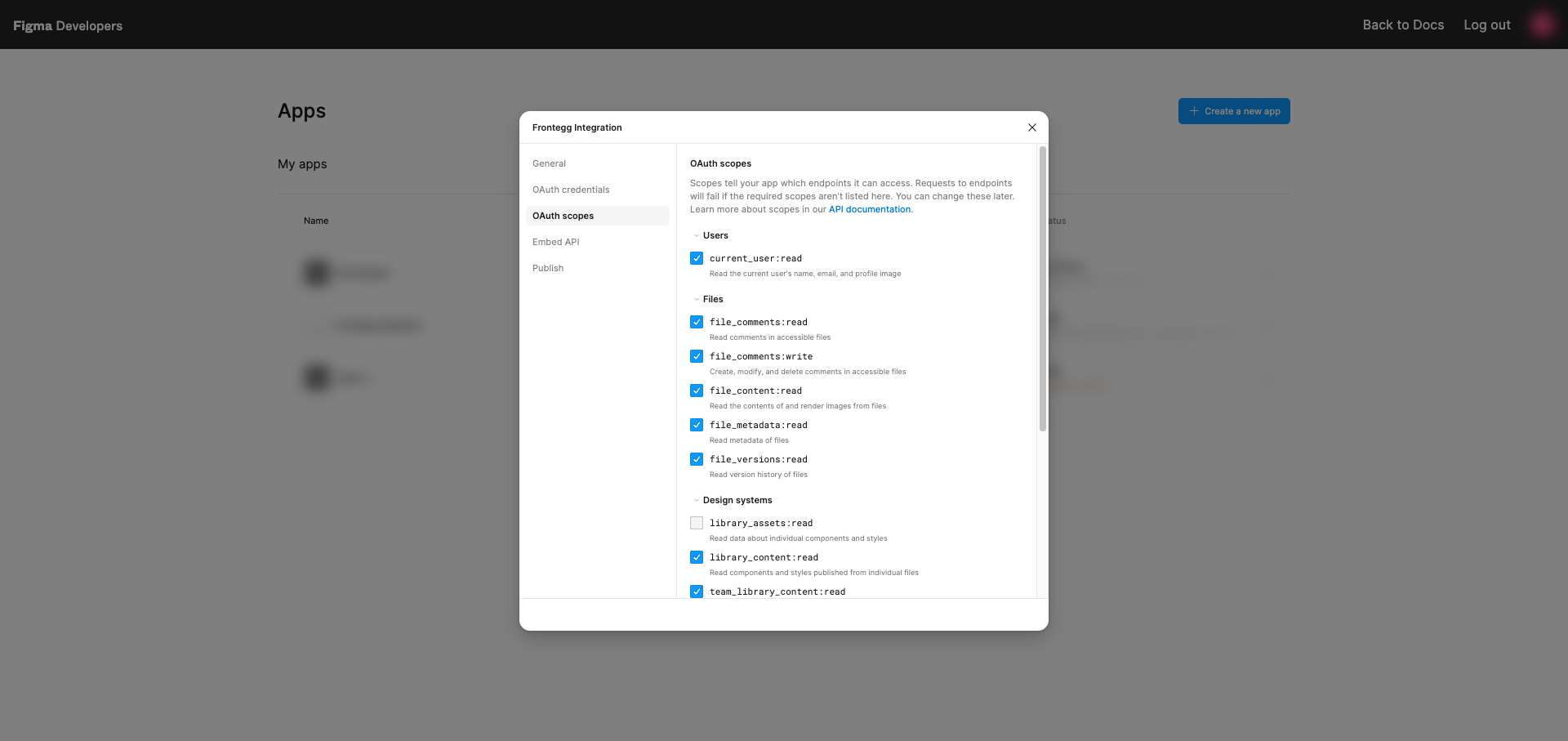 Figma OAuth scopes tab with the Users and Files scopes selected
