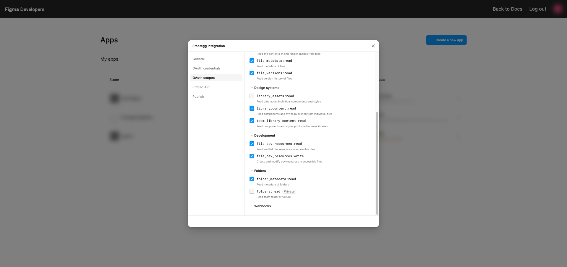 Figma OAuth scopes tab with the Design systems, Development, and Folders scopes selected