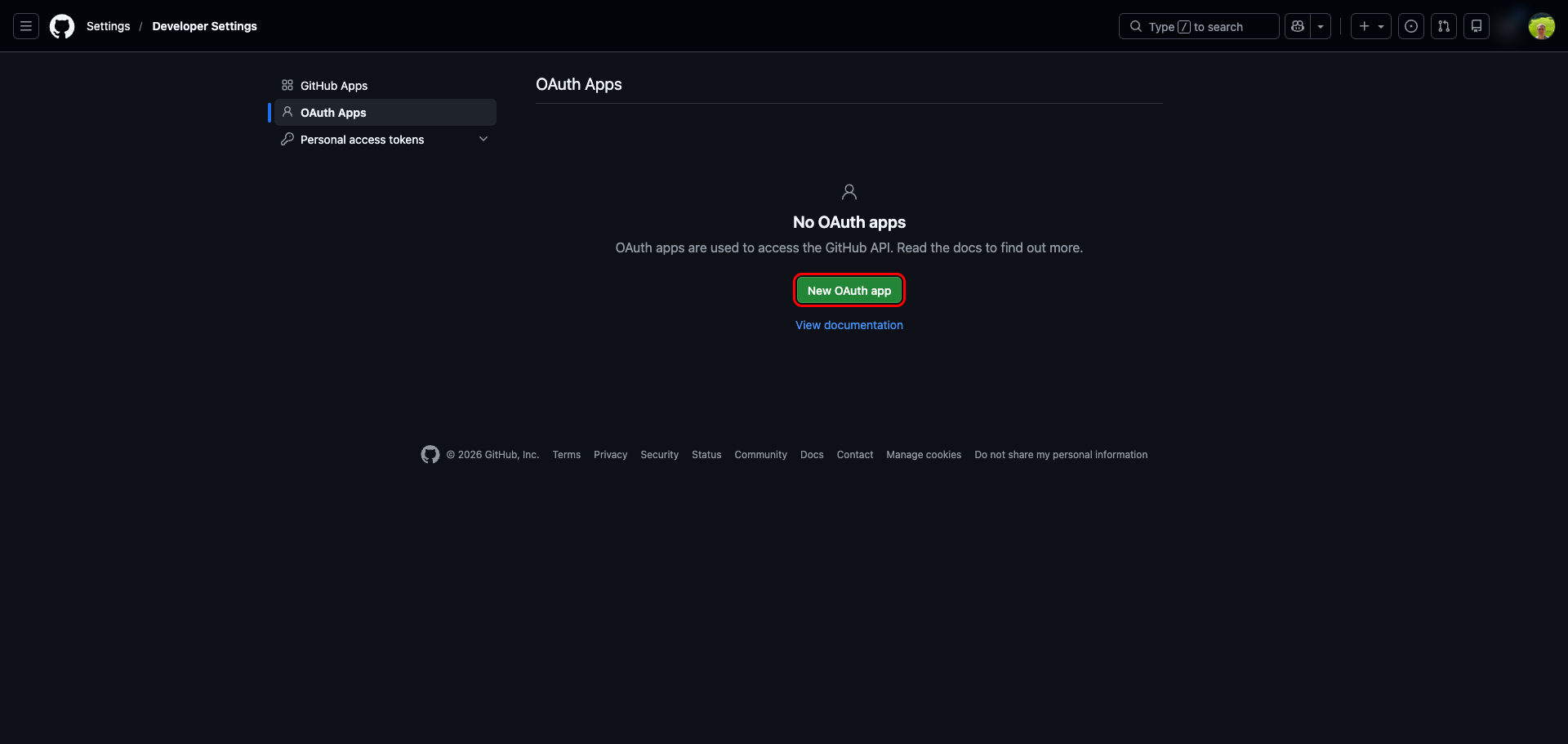 GitHub Developer settings OAuth Apps page with New OAuth app highlighted