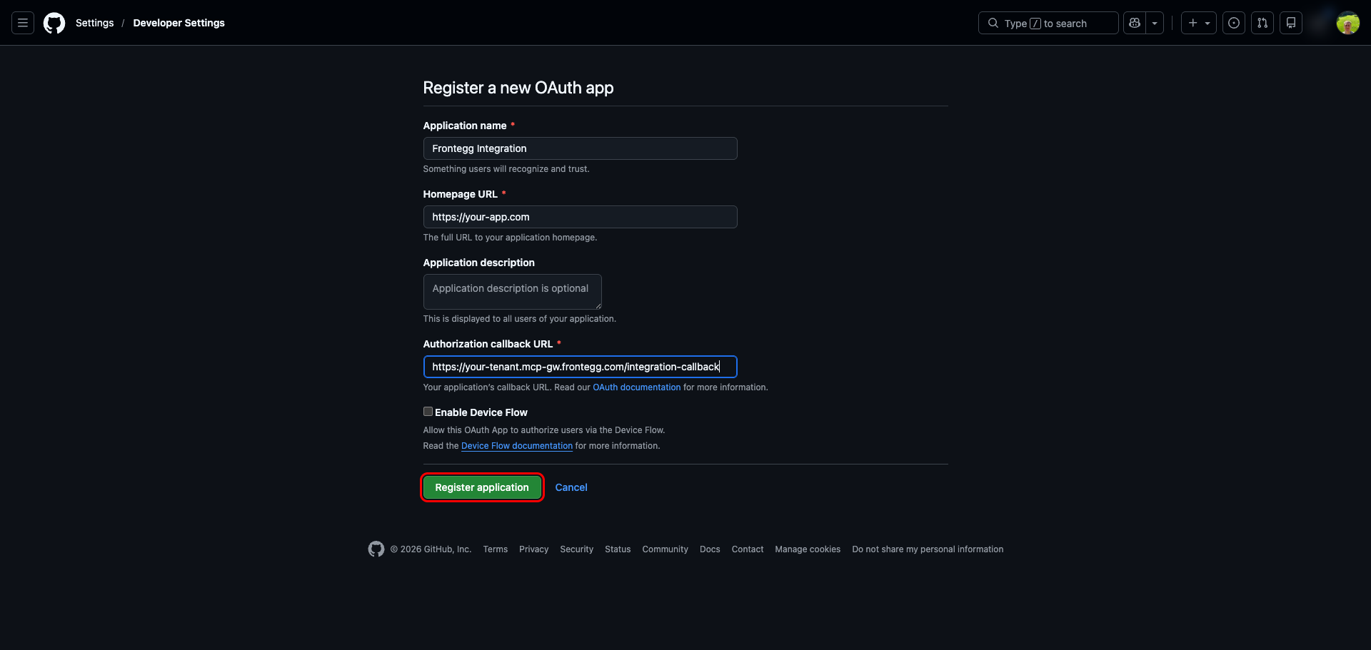 GitHub Register a new OAuth app form with fields filled and Register application highlighted