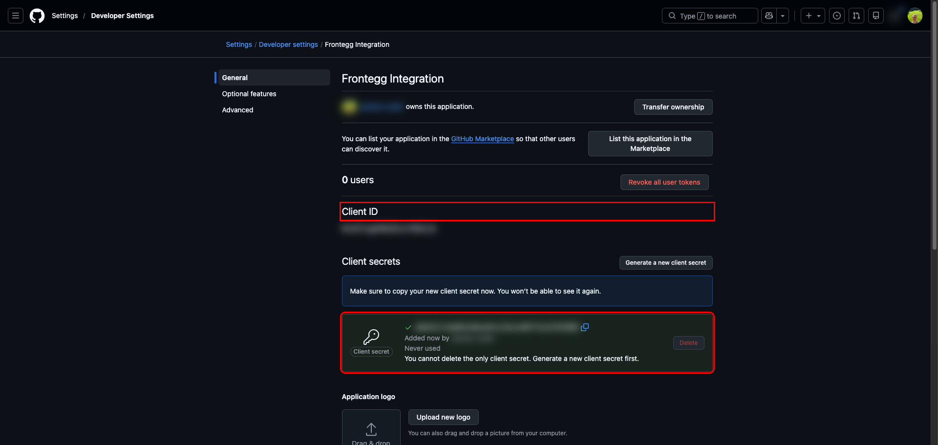 GitHub OAuth app settings page with Client ID and Client Secret highlighted