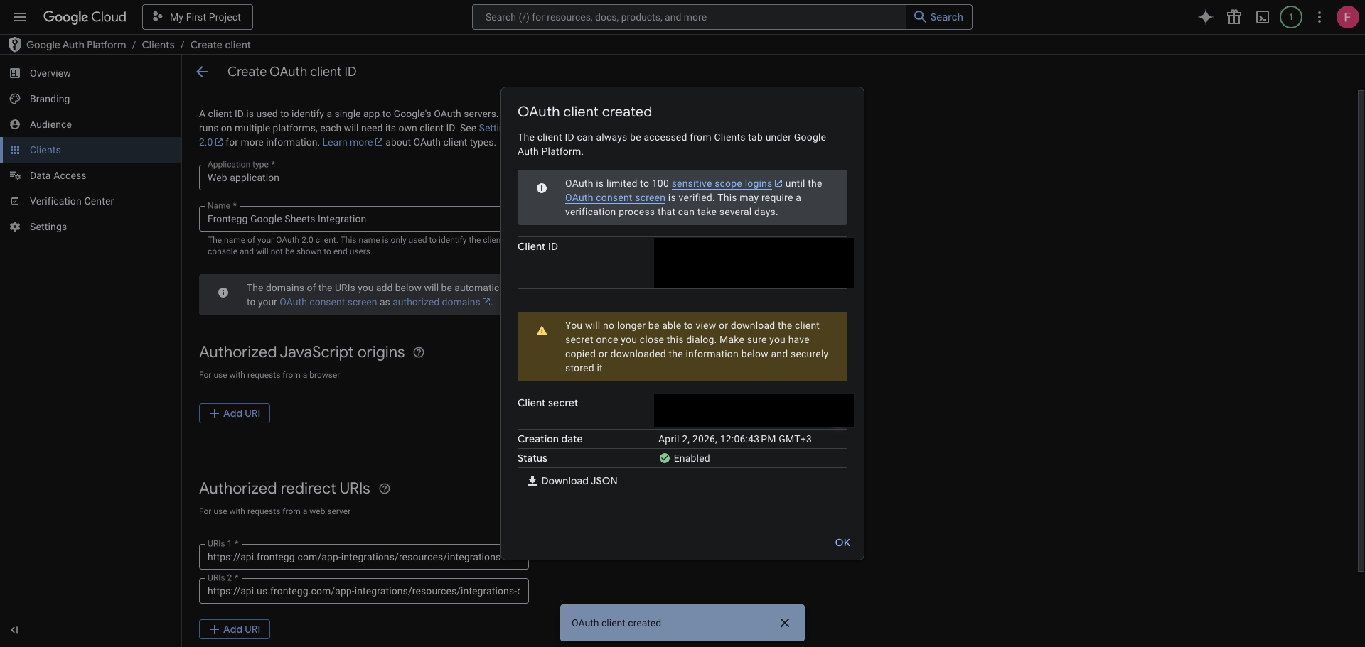 OAuth client created dialog showing Client ID and blurred Client Secret