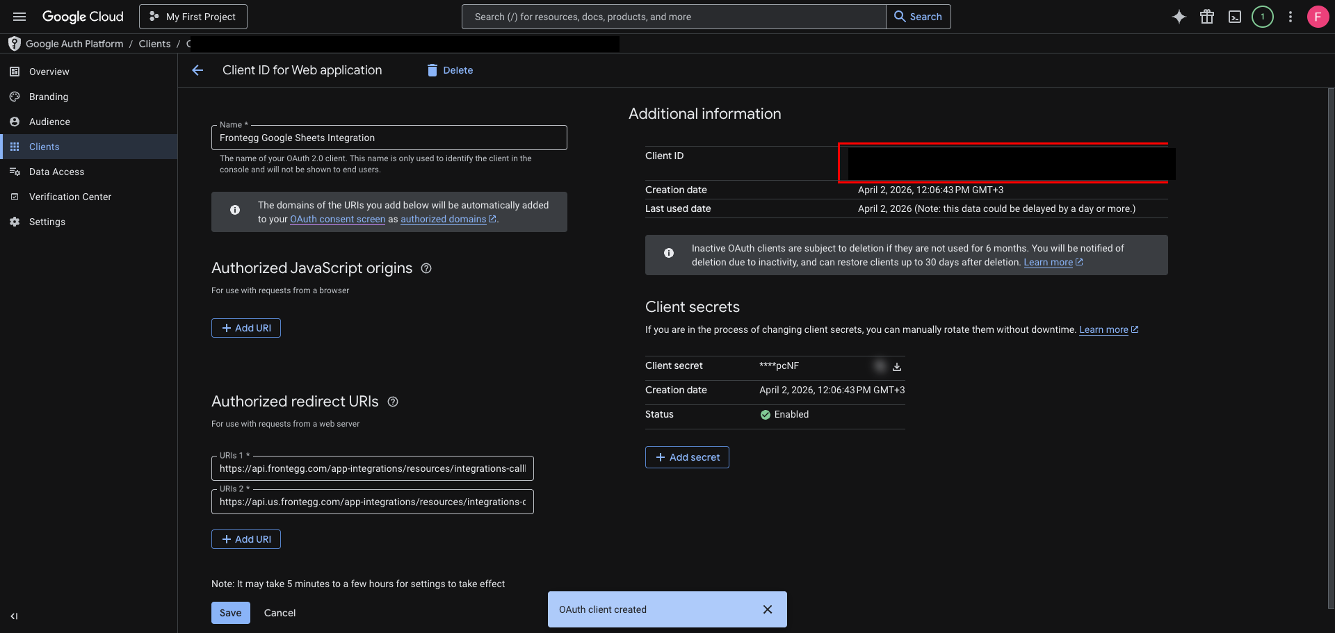 OAuth client detail page showing Client ID in the Additional information section
