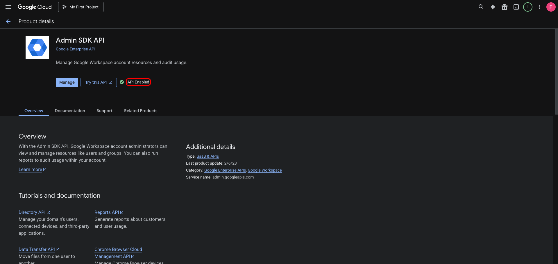 Admin SDK API page in Google Cloud Console