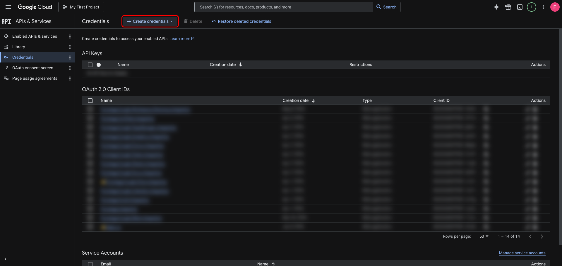 Credentials page with Create credentials button highlighted