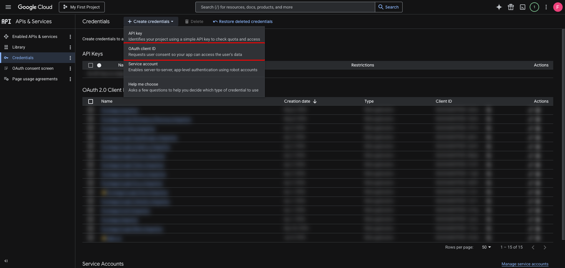 Create credentials dropdown with OAuth client ID highlighted