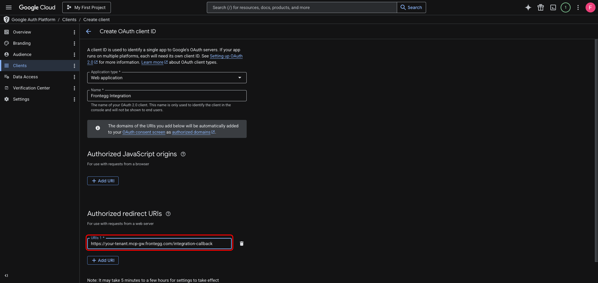 OAuth client form with name and redirect URI filled in