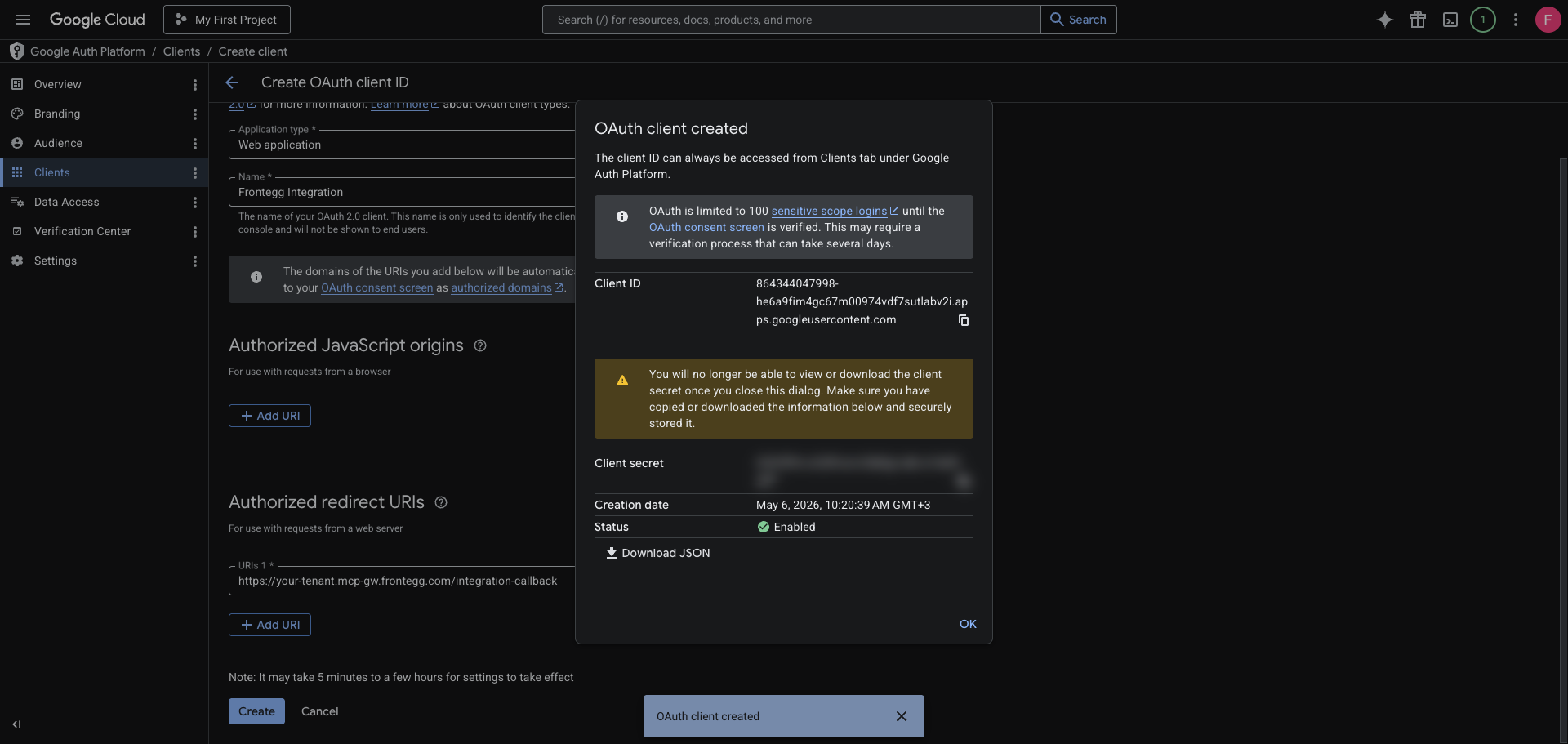OAuth client created dialog showing Client ID and blurred Client Secret