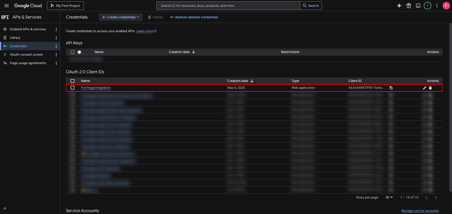 Credentials page showing the new Frontegg Integration client