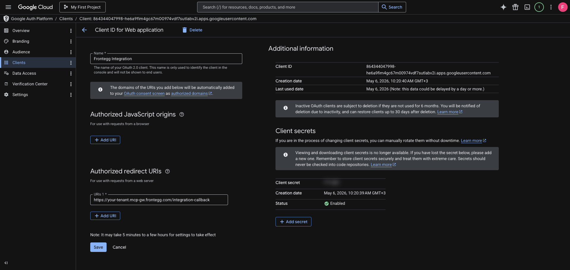 OAuth client detail page showing Client ID