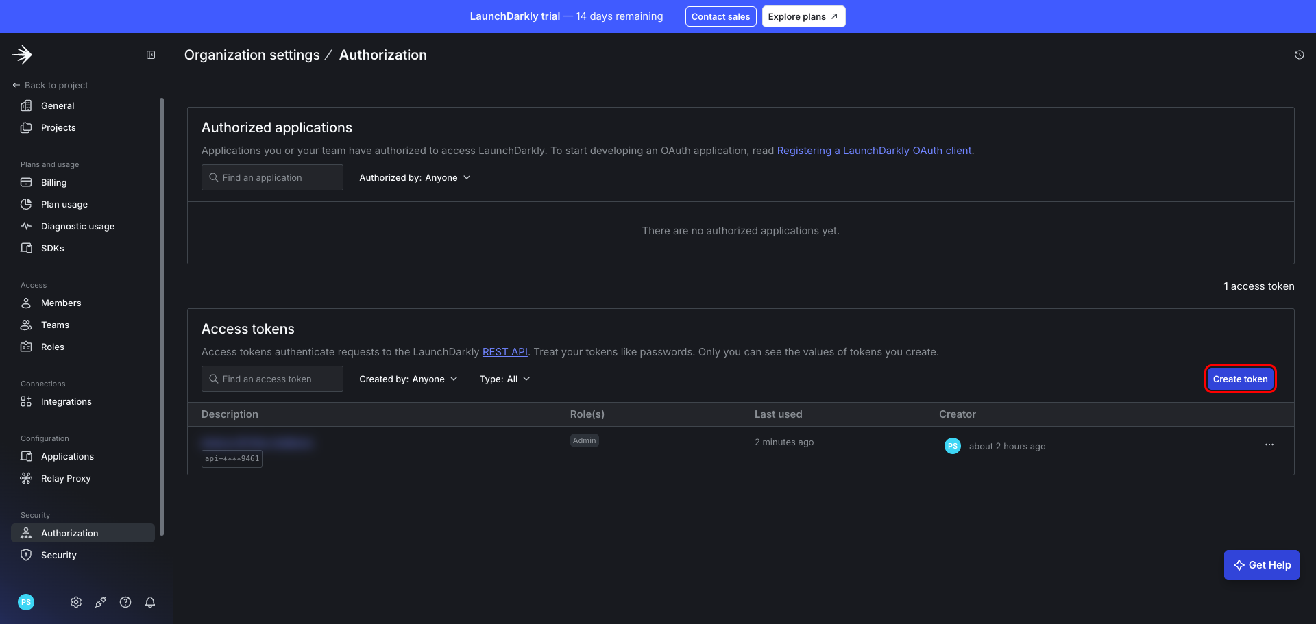 LaunchDarkly Authorization page with the Create token button highlighted