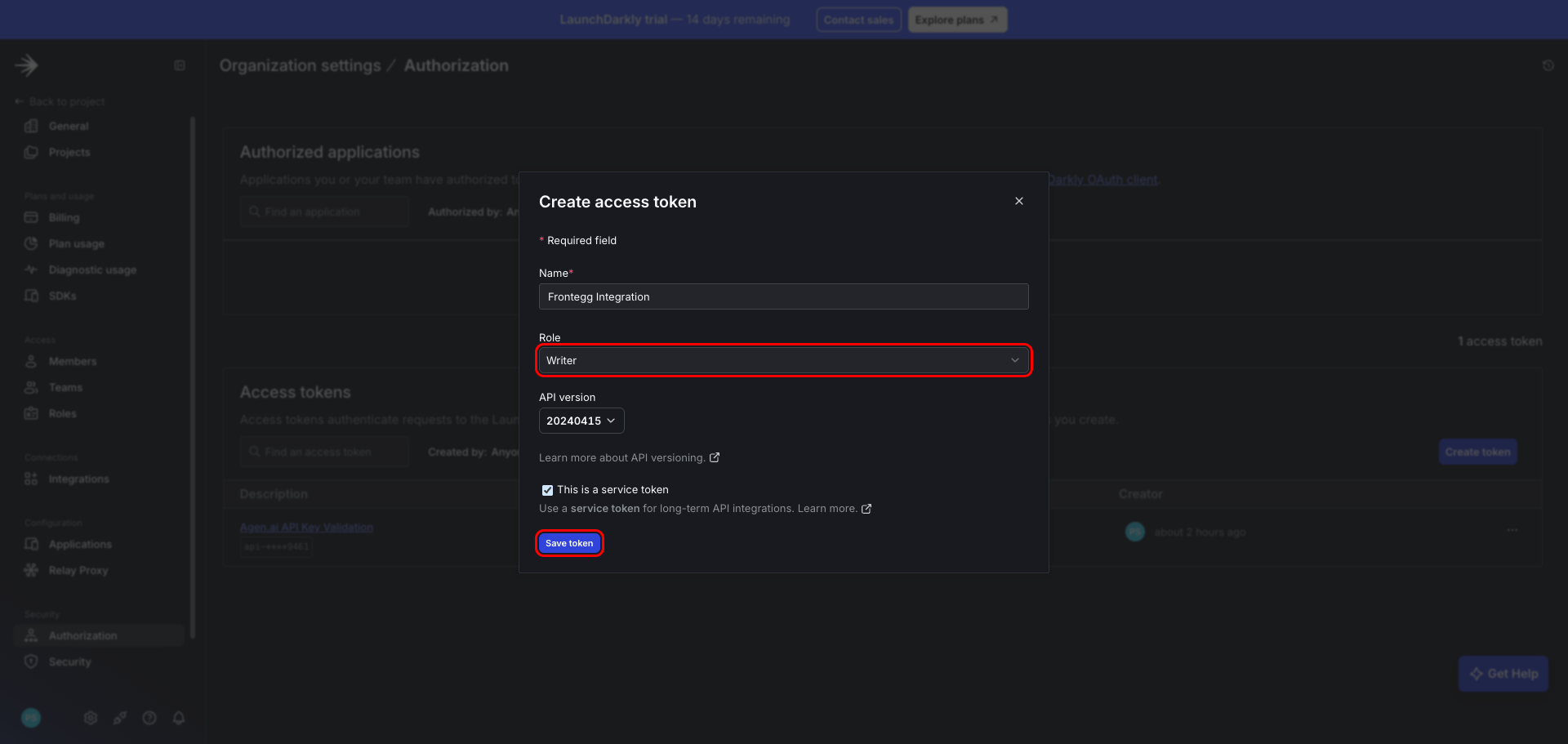 LaunchDarkly Create access token dialog with name, Writer role, and service token configured