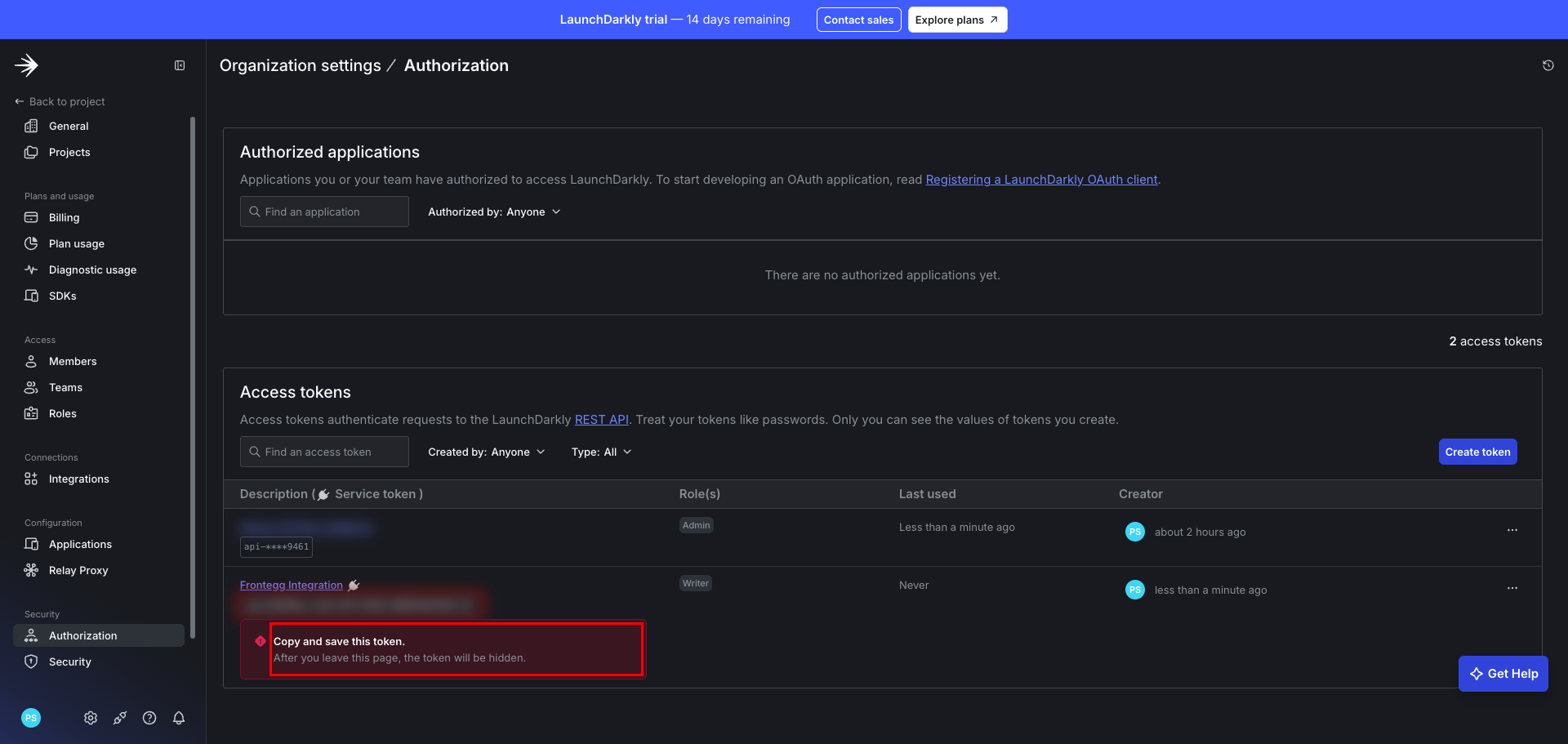 LaunchDarkly access token created with the token value blurred