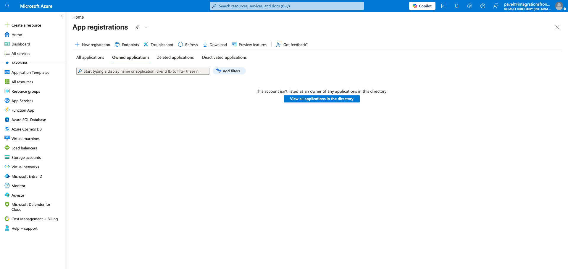 App registrations page in Azure portal
