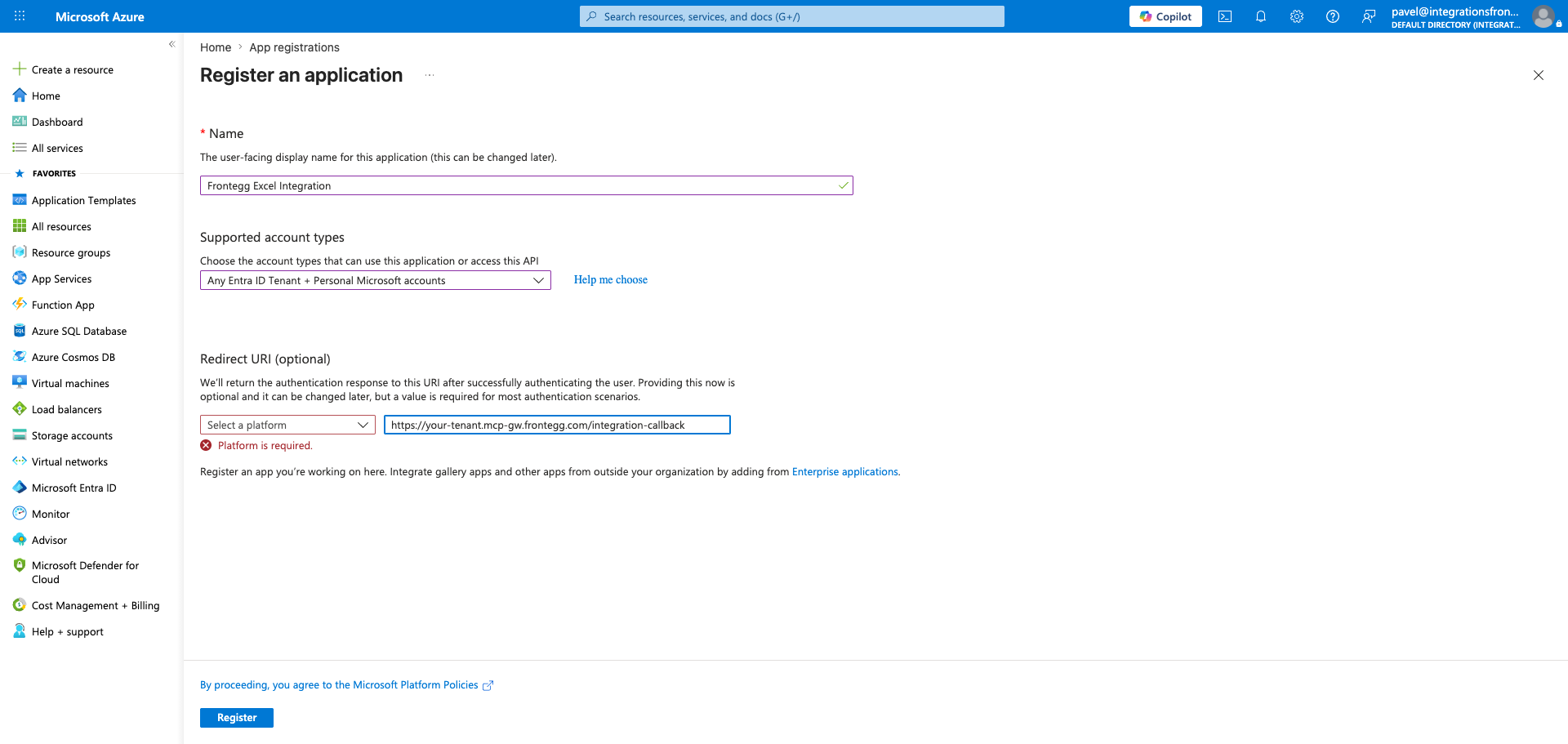 New application registration form with name, account type, and redirect URI filled in