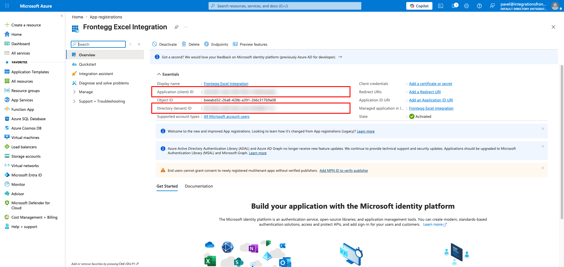 Application overview page with Application ID and Directory ID highlighted