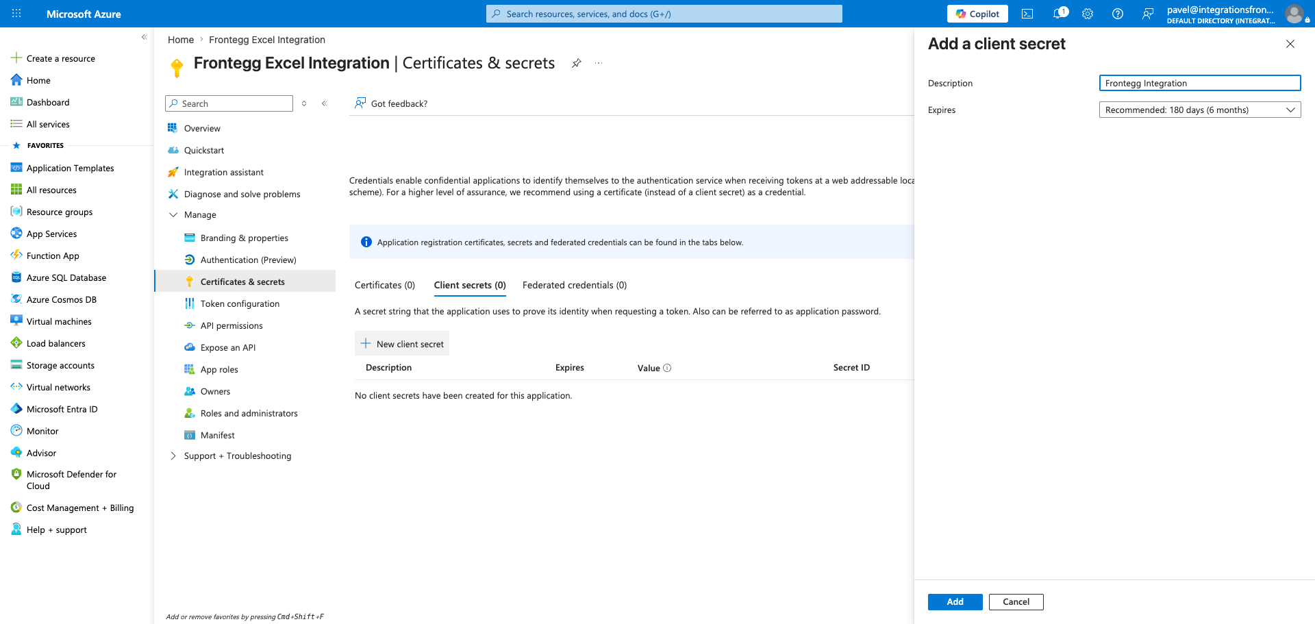 Add a client secret panel with description field filled in