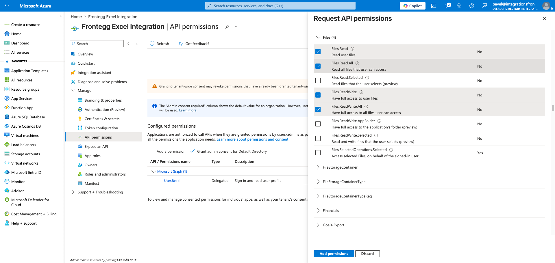 Delegated permissions list with Files scopes selected