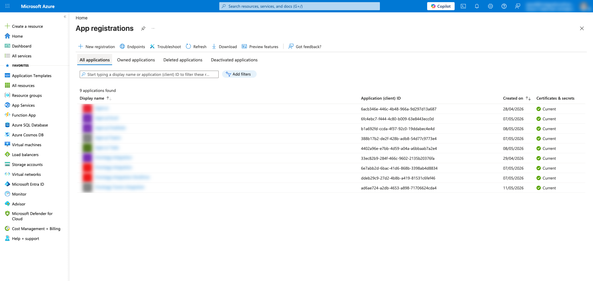 App registrations page in Azure portal