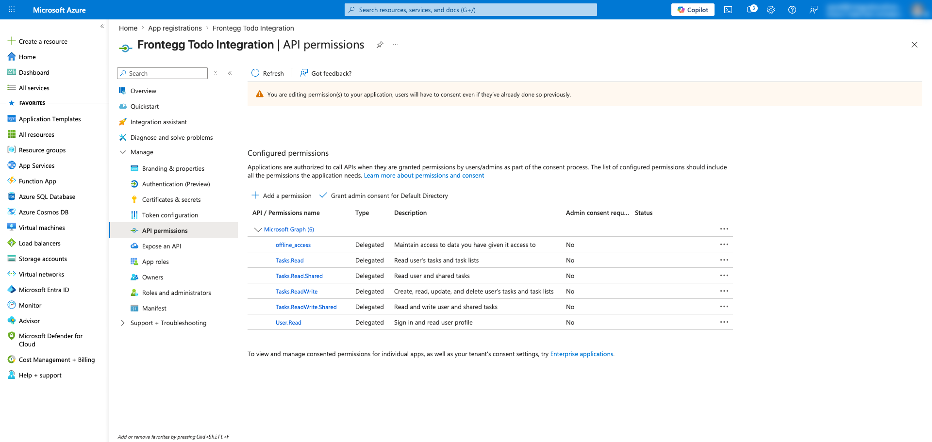 API permissions page showing the configured Microsoft To Do permissions
