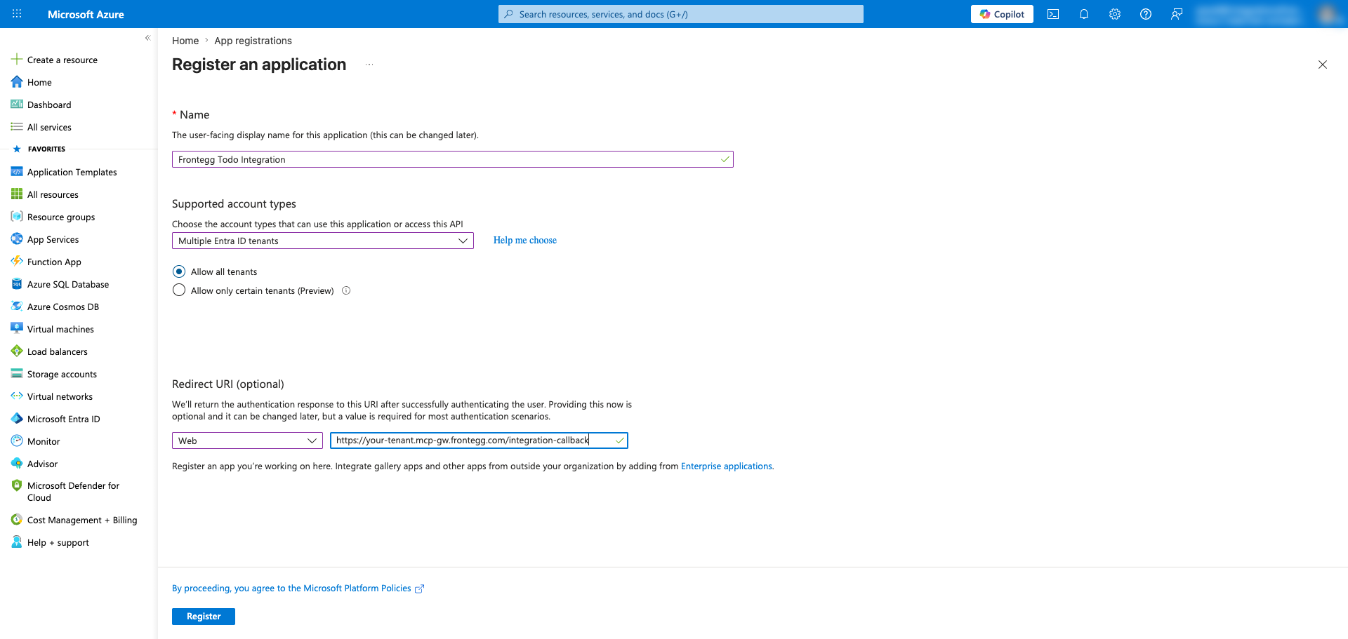 New application registration form with name, account type, and redirect URI filled in