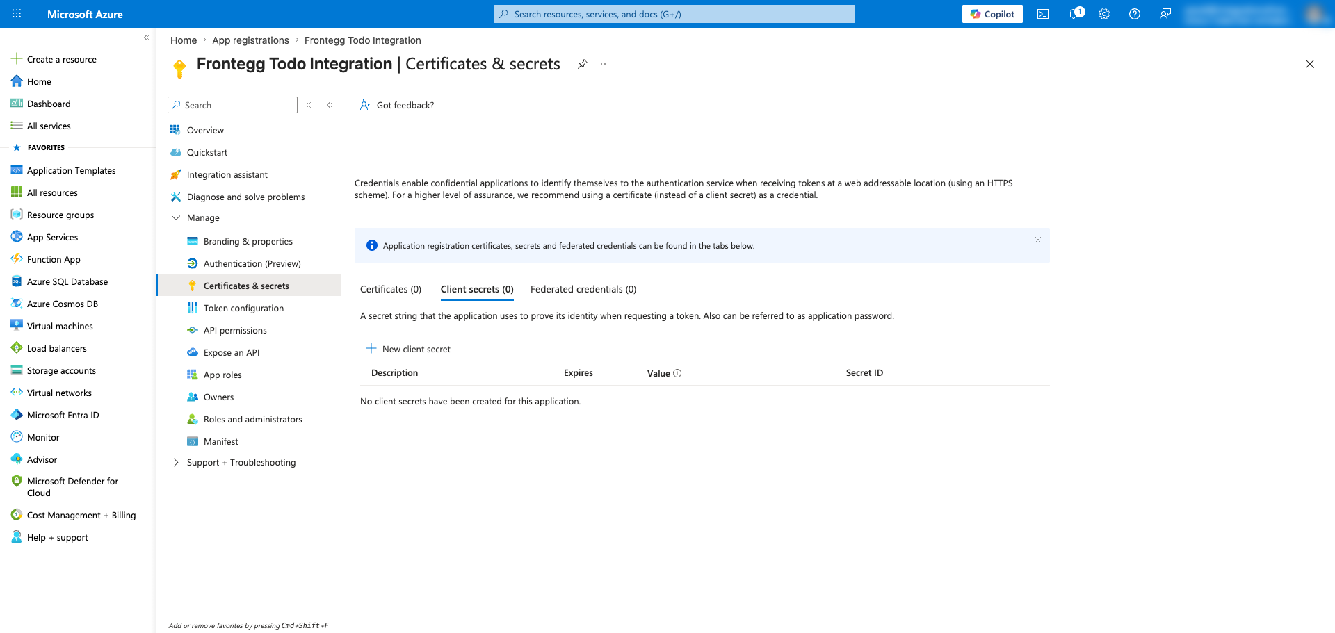 Certificates and secrets page with New client secret button highlighted