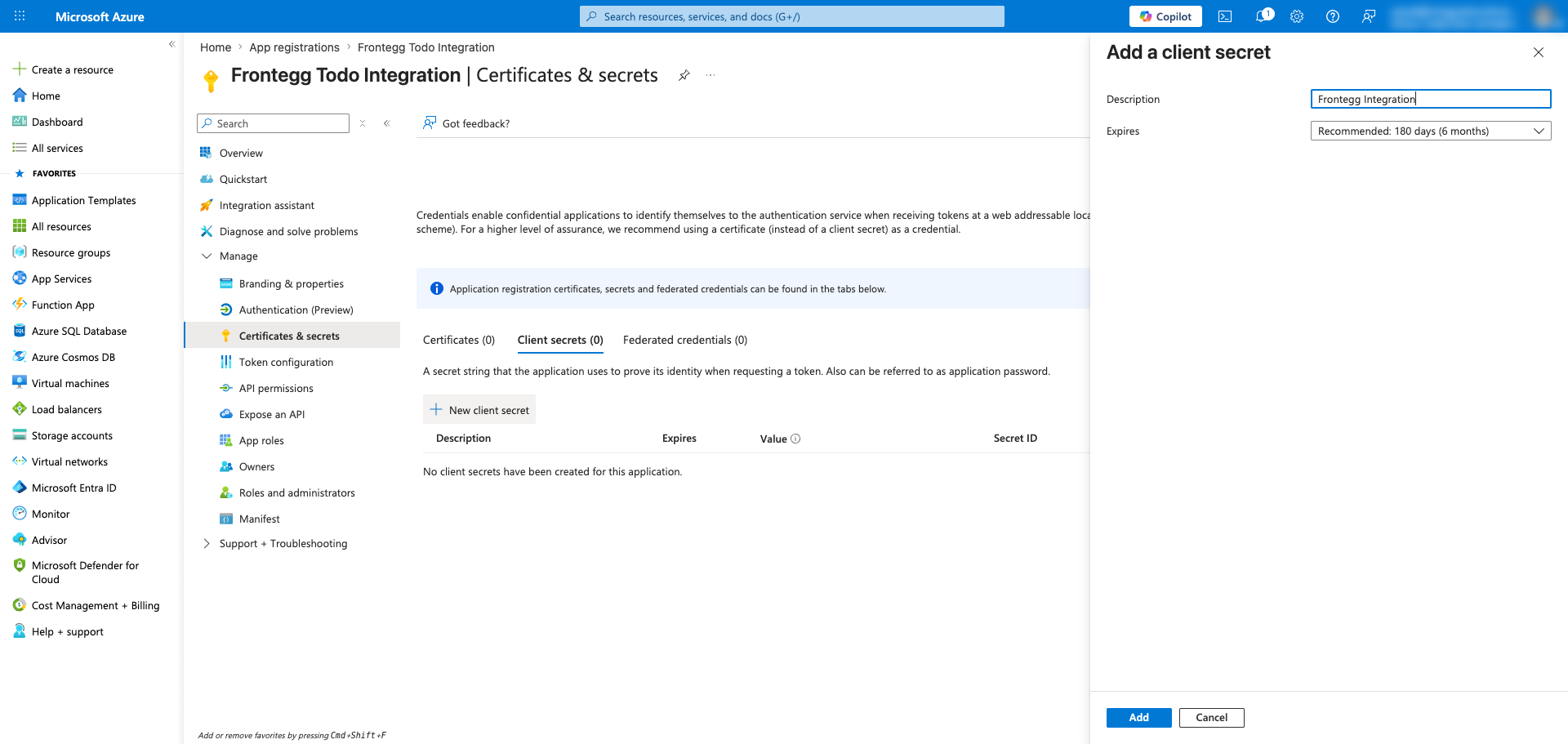 Add a client secret panel with description field filled in