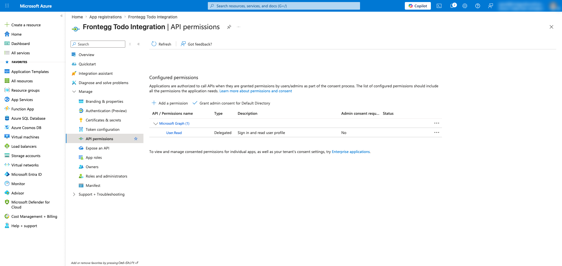 API permissions page with Add a permission button highlighted