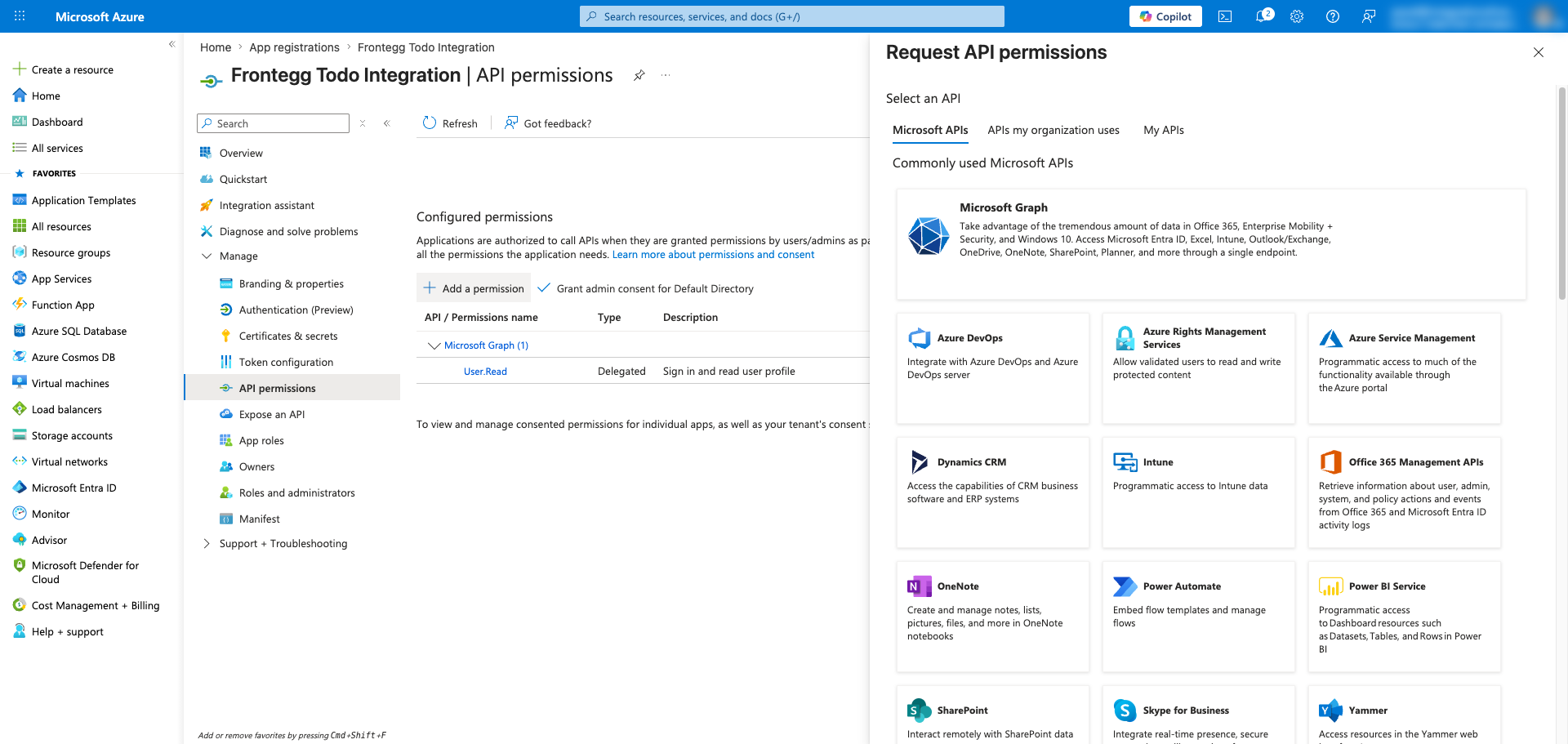 Request API permissions panel with Microsoft Graph highlighted