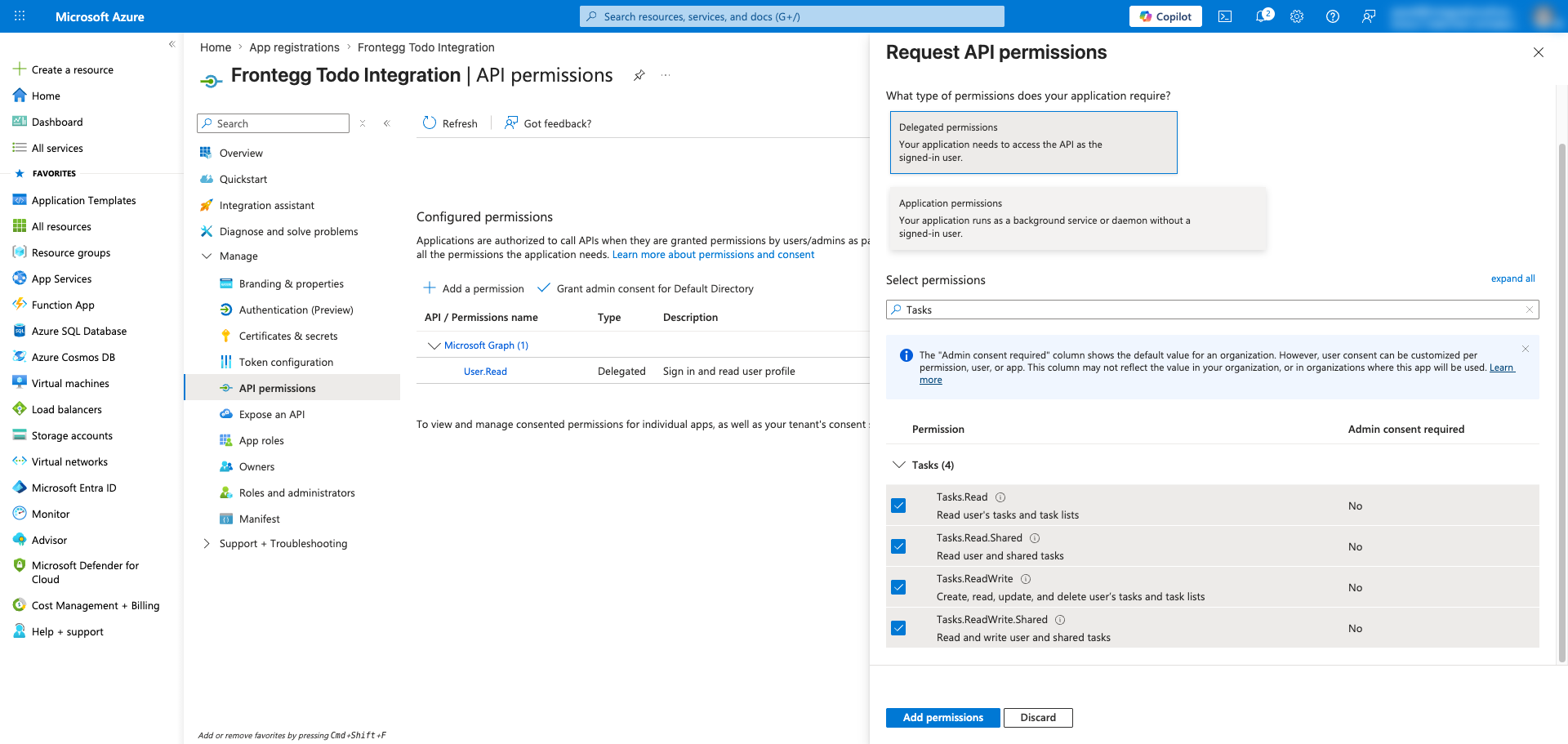 Delegated permissions list with Tasks scopes selected