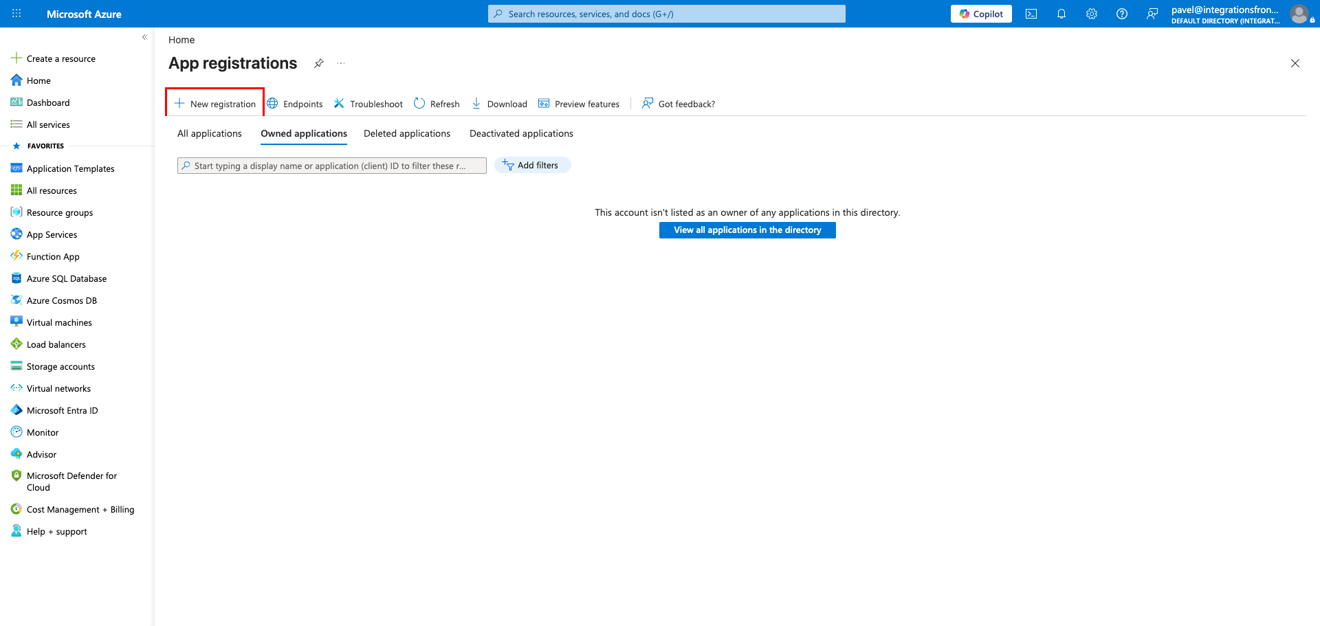 App registrations page in Azure portal