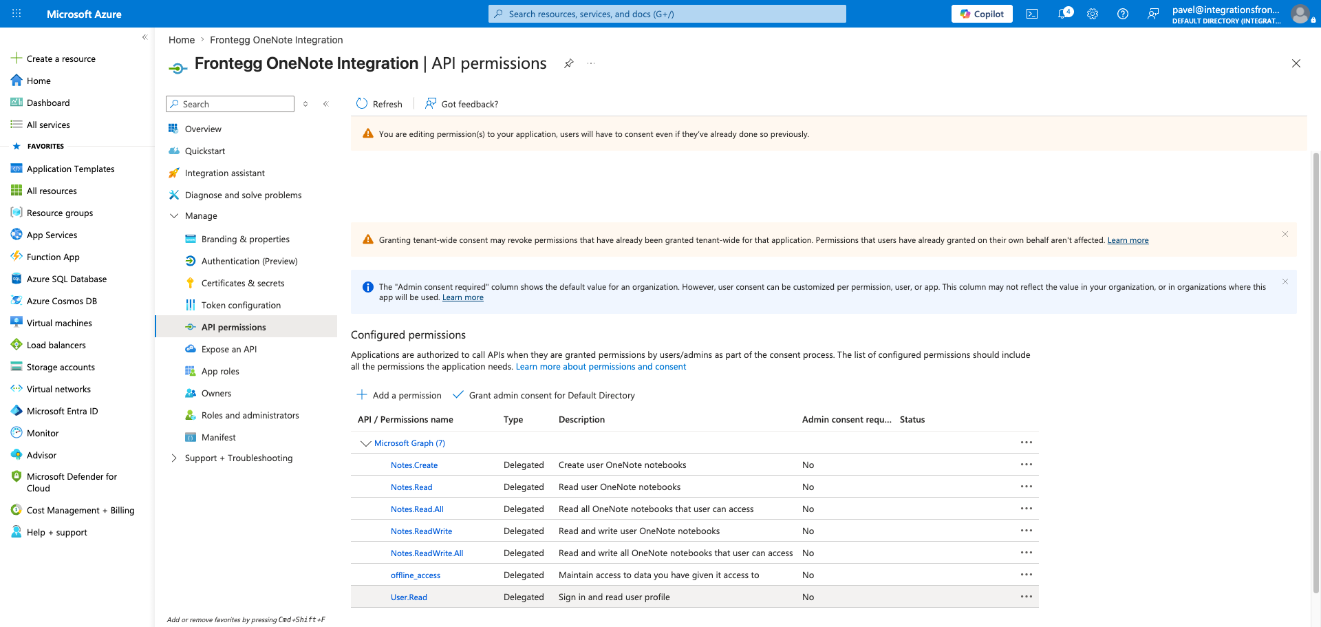 API permissions page showing the configured OneNote permissions