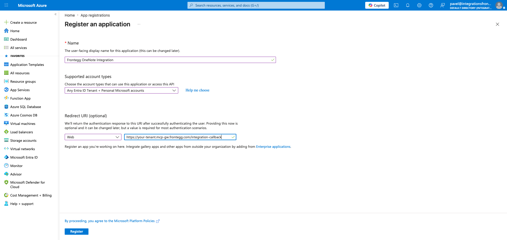 New application registration form with name, account type, and redirect URI filled in