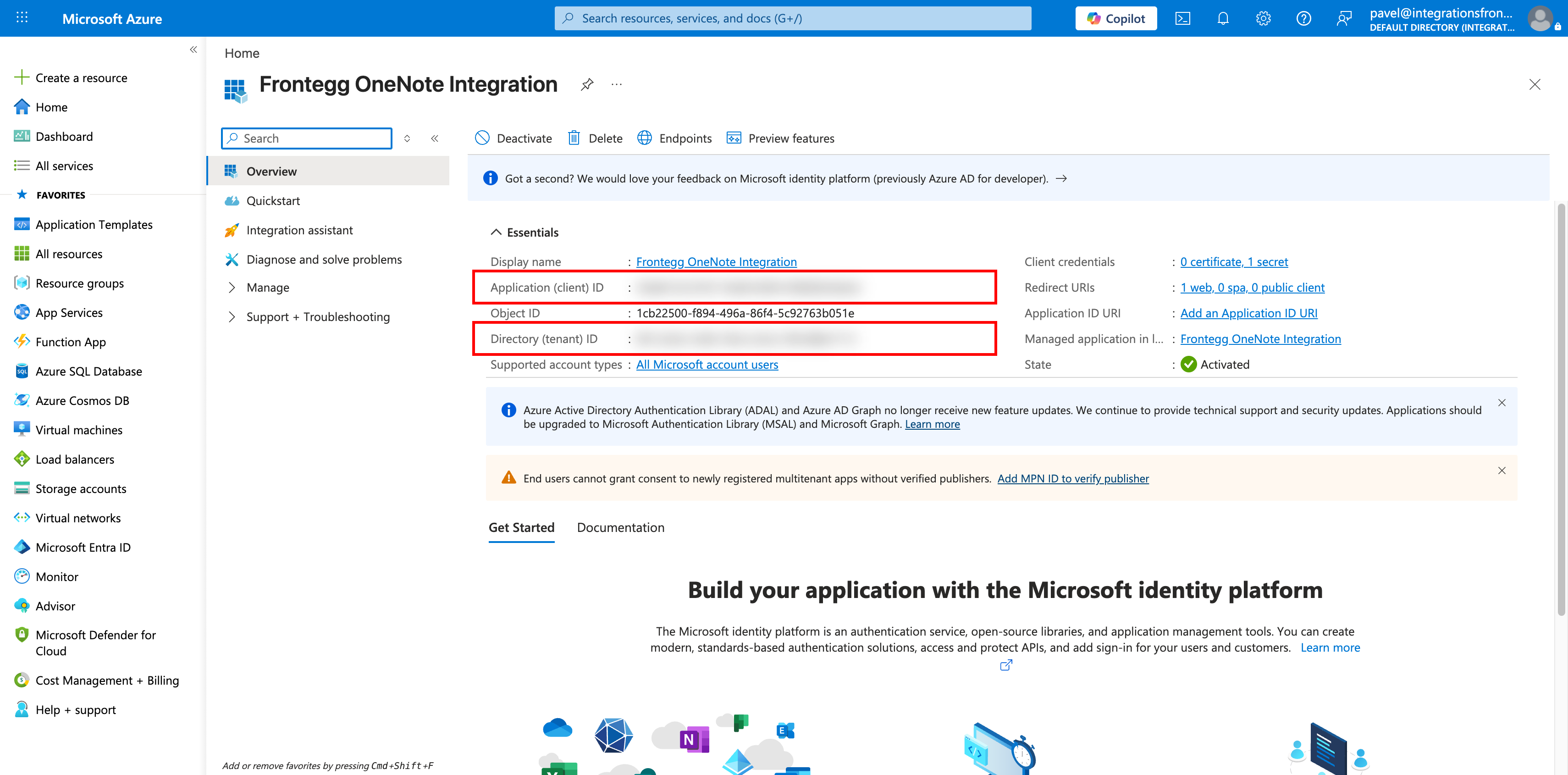 Application overview page with Application ID and Directory ID highlighted