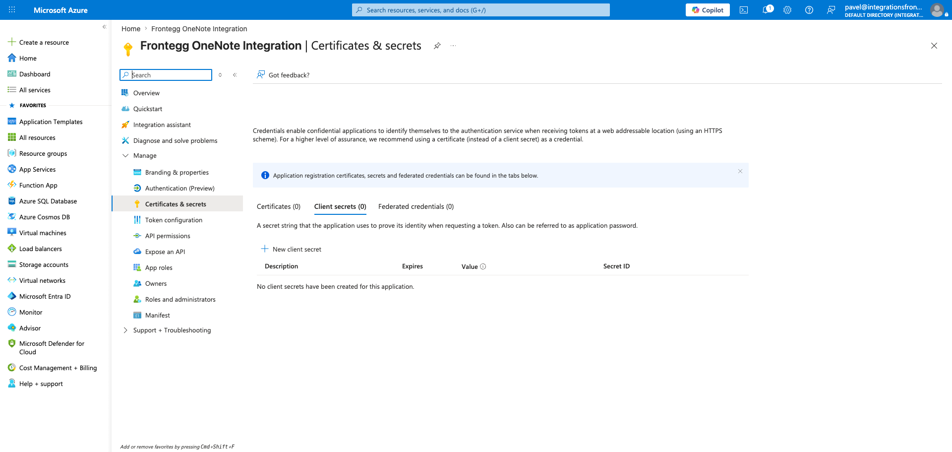 Certificates and secrets page with New client secret button highlighted