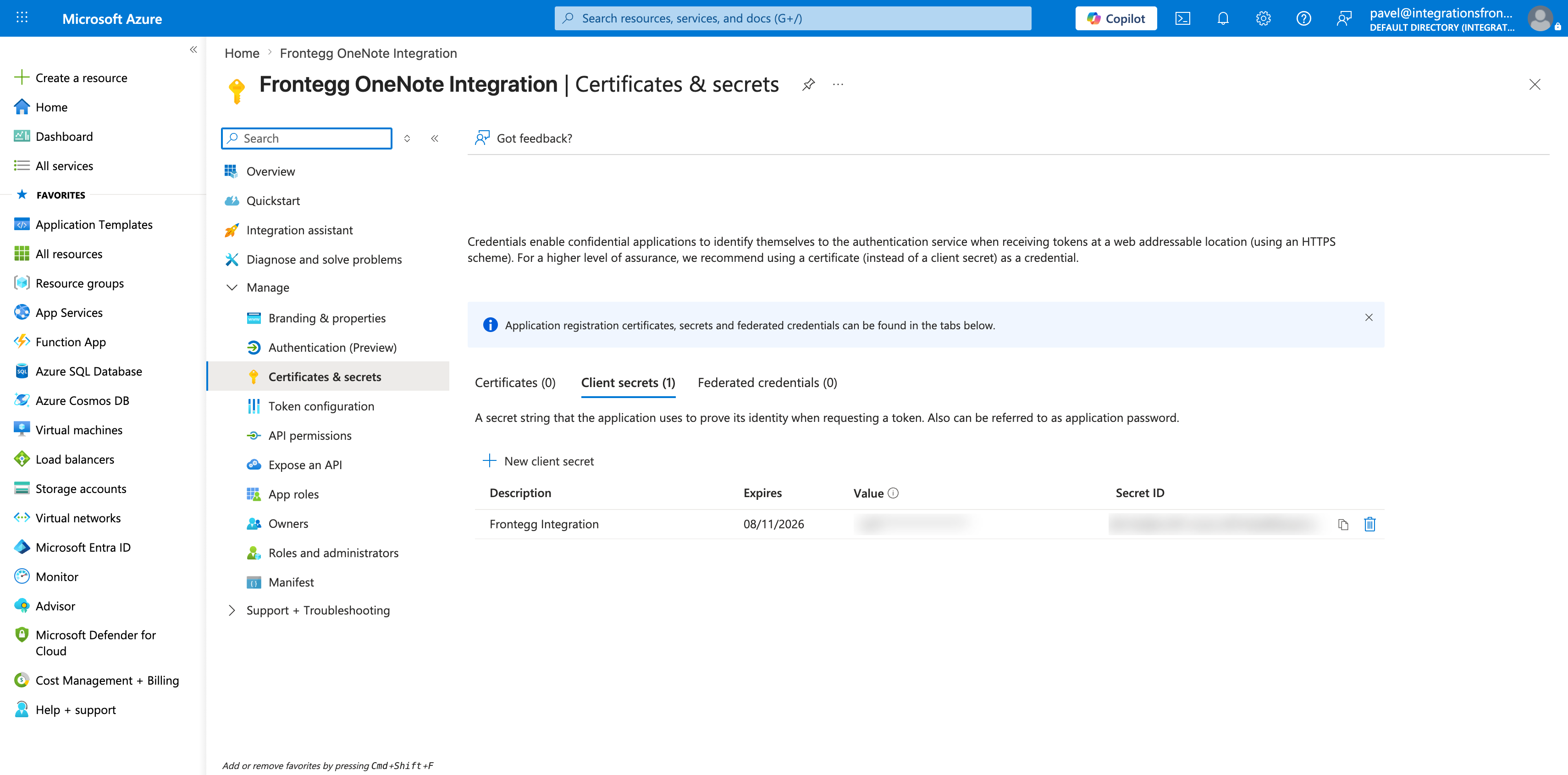 Client secret list showing the new secret with value blurred