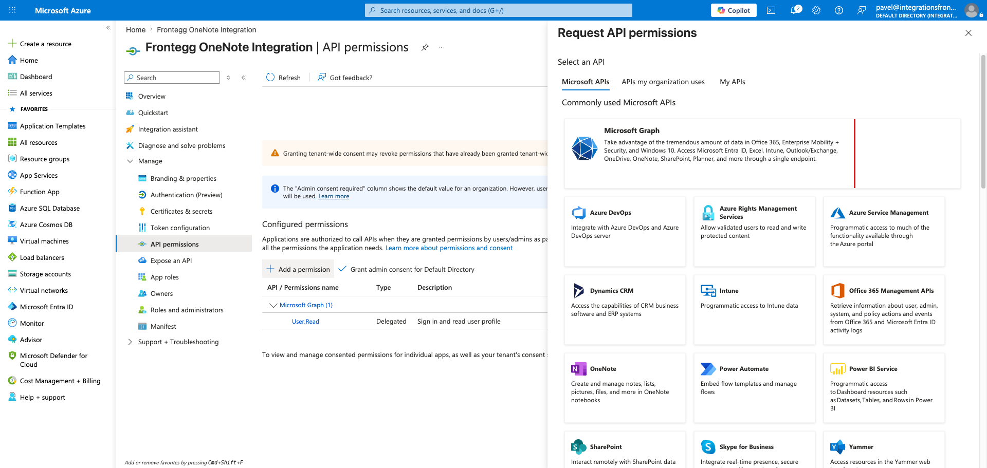 Request API permissions panel with Microsoft Graph highlighted