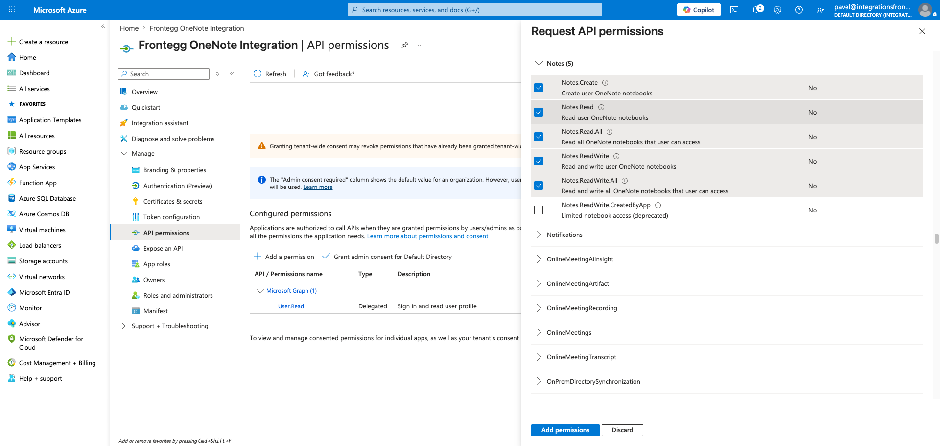 Delegated permissions list with Notes scopes selected