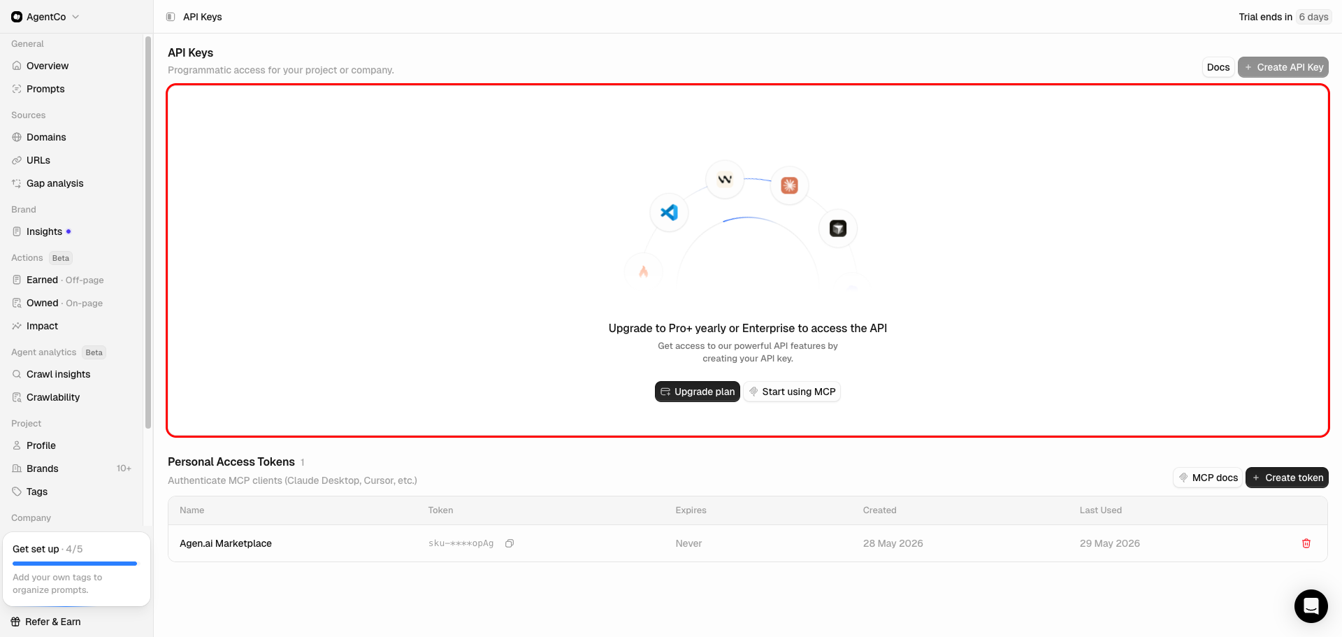 Peec.ai API Keys page showing the Pro+ upgrade requirement