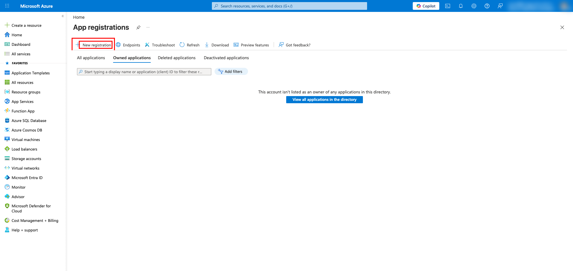 App registrations page in Azure portal