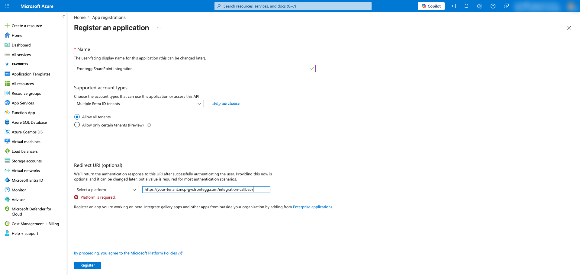 New application registration form with name, multitenant account type, Web platform, and redirect URI filled in