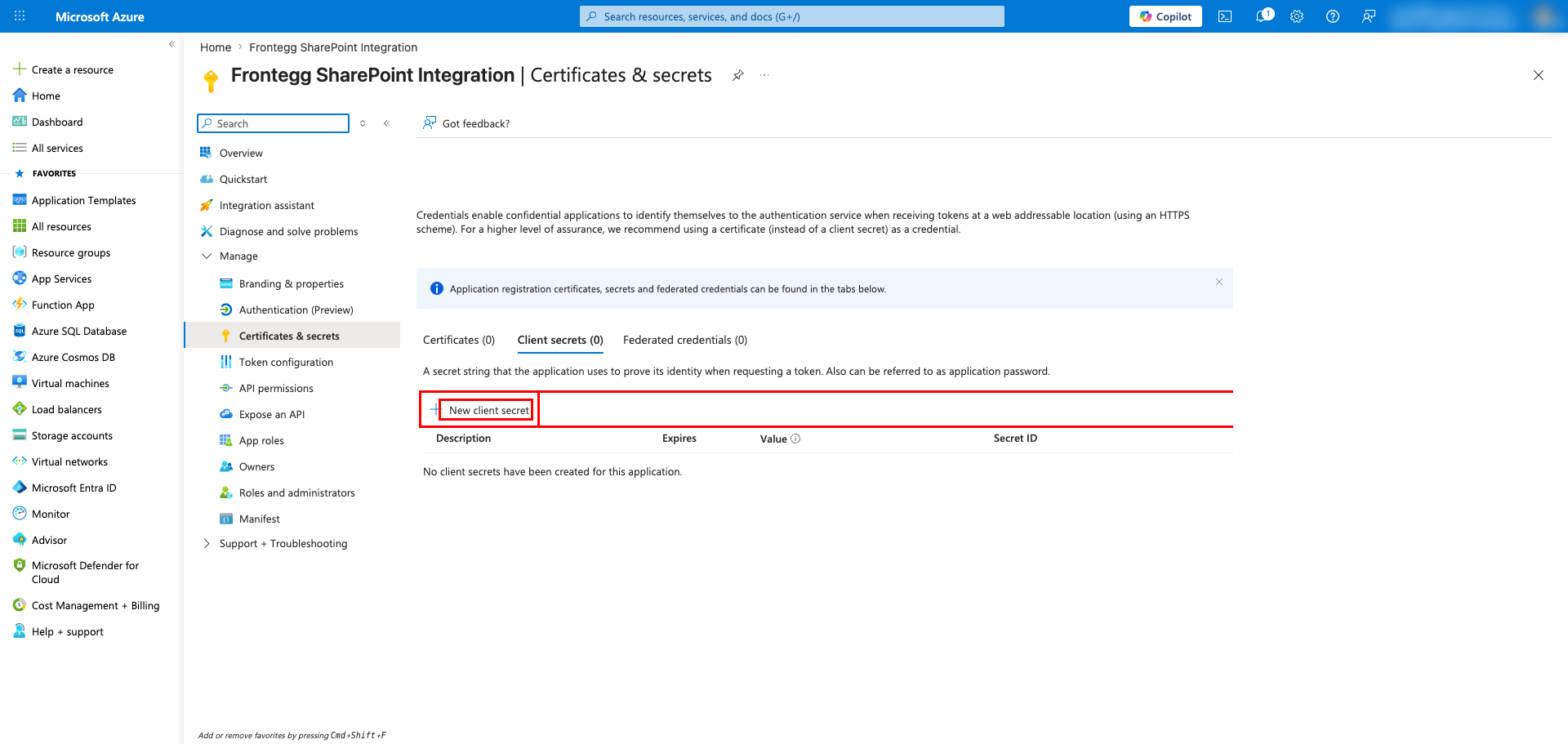 Certificates and secrets page with New client secret button highlighted