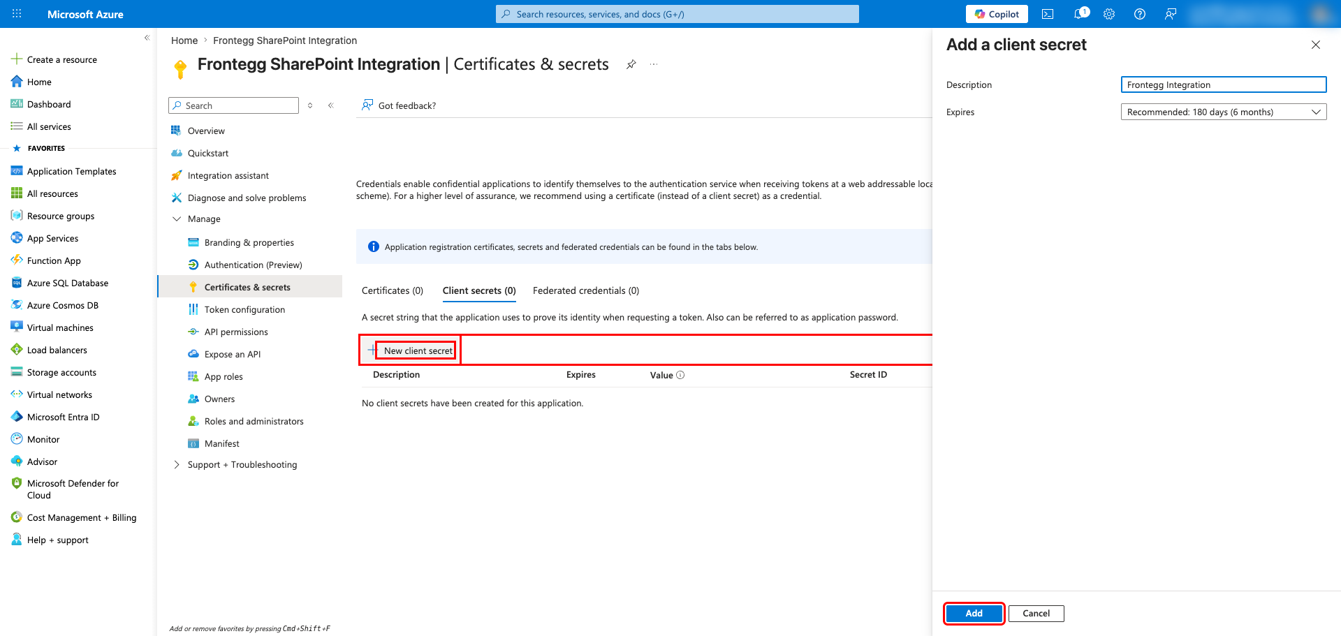 Add a client secret panel with description field filled in and Add button highlighted